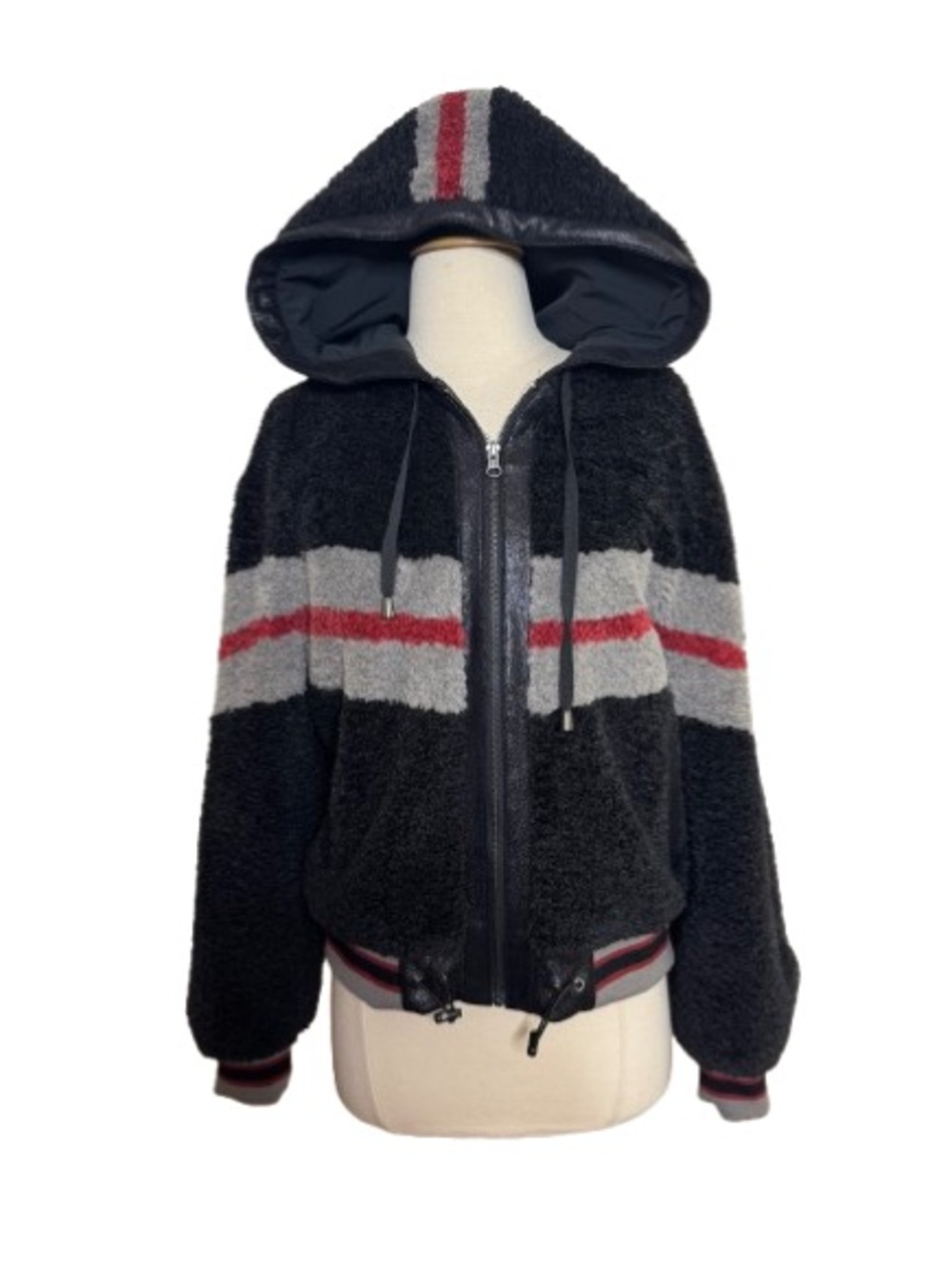 blanc noir Black Sherpa Hoodie Jacket with Gray & Red Stripes